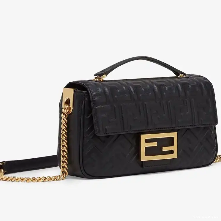 Nappa Motif Midi In FF Baguette Fendi Black Leather Bag Chain 0702